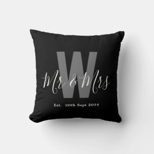 Coussin Monogramme Moderne Monsieur Madame Date Noir Blanc