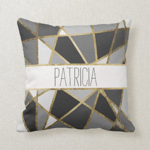 Coussin Monogramme moderne noir et gris de triangles d'or