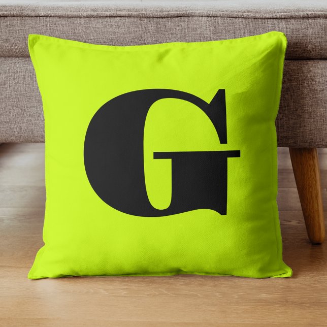 Coussin Monogramme Moderne Noir | Jaune Néon Lime (Créateur téléchargé)