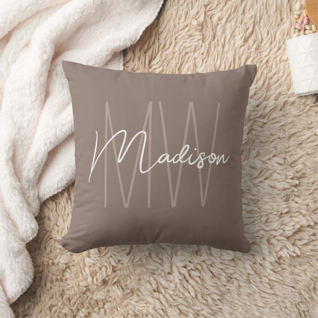 Coussin Monogramme Moderne Nom Script Taupe (Couverture)