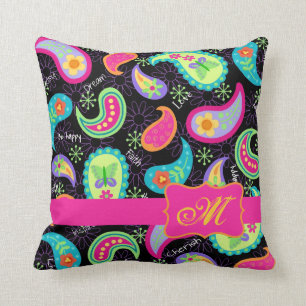 Coussin Monogramme moderne rose fuchsia noir de Paisley