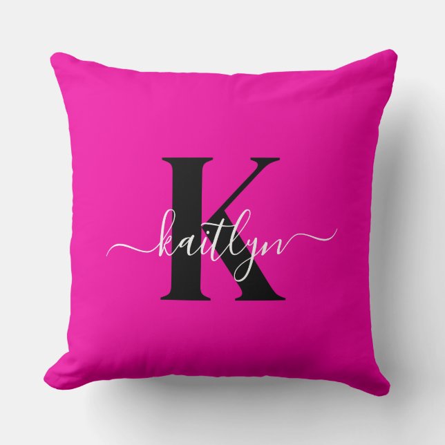 Coussin Monogramme moderne rose noir écriture script (Recto)