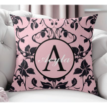 Monogramme moderne Rose rose et noir Damask