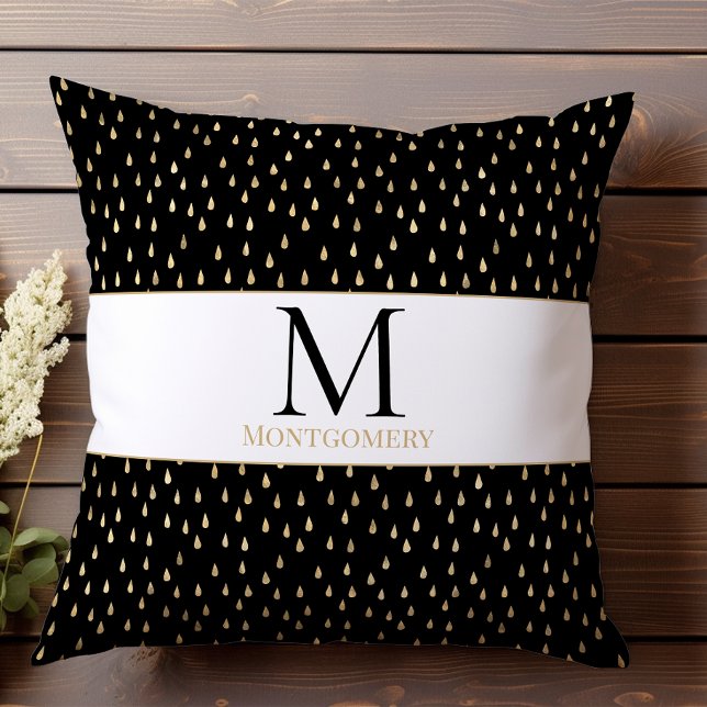 Coussin Monogramme Moderne Tendance Goutte de Pluie Or Noi (Créateur téléchargé)