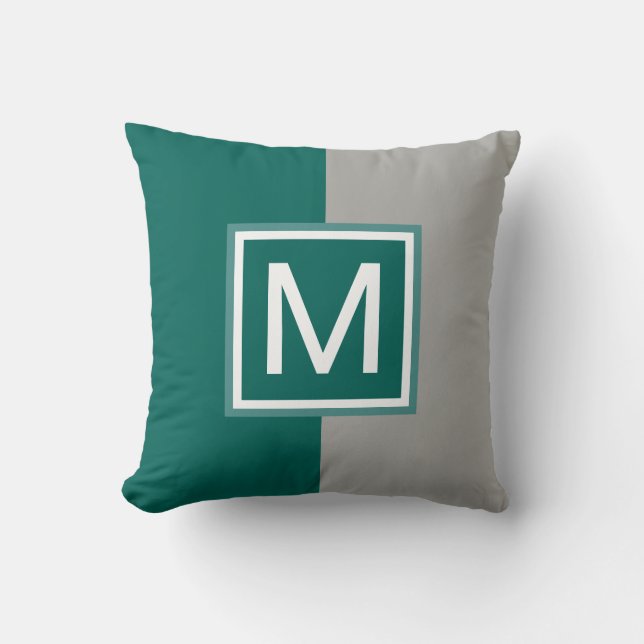 Coussin Monogramme moderne Turquoise et gris (Recto)