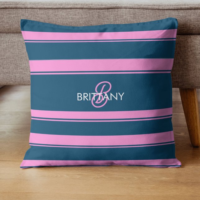 Coussin Monogramme Motif de bandes bleu et rose (Créateur téléchargé)