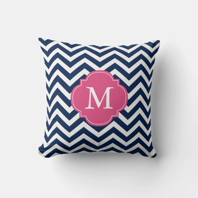 Coussin Monogramme Motif de la marine Blue Fuschia Zigzag (Recto)