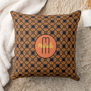 Coussin Monogramme Motif Diamant Orange, Jaune Et Noir