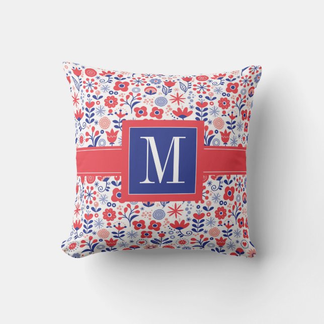 Coussin Monogramme motif floral bleu et de corail de | (Recto)