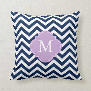Coussin Monogramme Motif Navy Blue & Lavender Zigzags