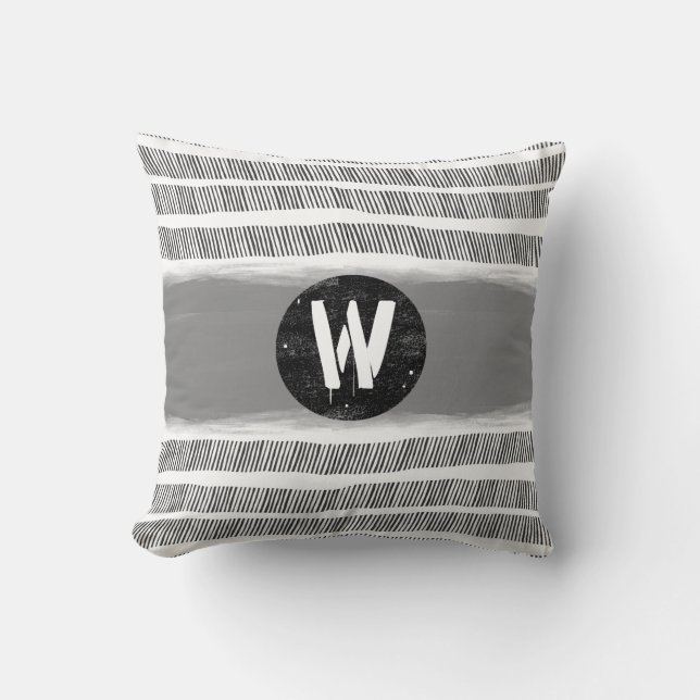 Coussin monogramme motif noir blanc et gris boho (Recto)