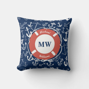 Coussin Monogramme nautique Ancre bleu marine Motif