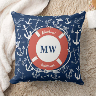 Coussin Monogramme nautique Ancre bleu marine Motif