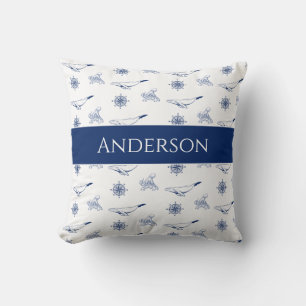 Coussin Monogramme nautique Baleines et poulpe marine Blan