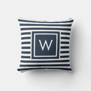 Coussin Monogramme nautique bleu marine et rayure blanche