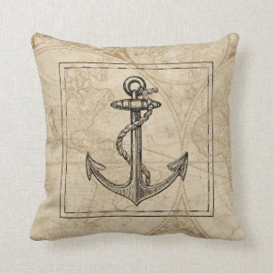 Coussin Monogramme nautique d'Ancre de carte de Vieux