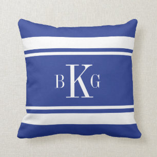 Coussin Monogramme nautique de coutume de rayures de bleu