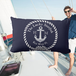 Coussin Monogramme Nautique Nom du bateau Ancre Corde Mari