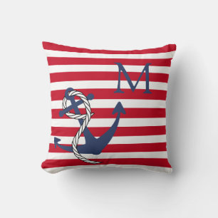 Coussin Monogramme Nautique Rouge Blanc Blancs Ancre Marin