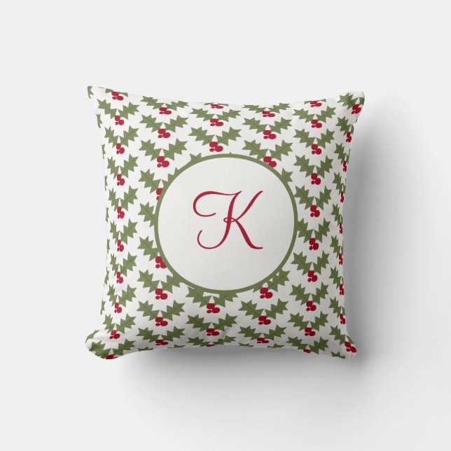 Coussin Monogramme Noël Holly Red Berry Feuilles verts (Recto)
