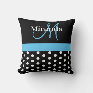Coussin Monogramme noir blanc bleu écriture pois