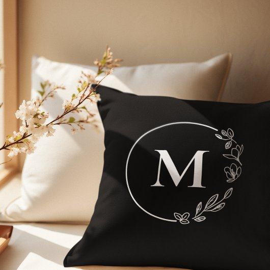 Coussin Monogramme noir blanc couronne florale personnalis