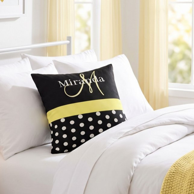 Coussin Monogramme noir blanc jaune écriture pois (Créateur téléchargé)