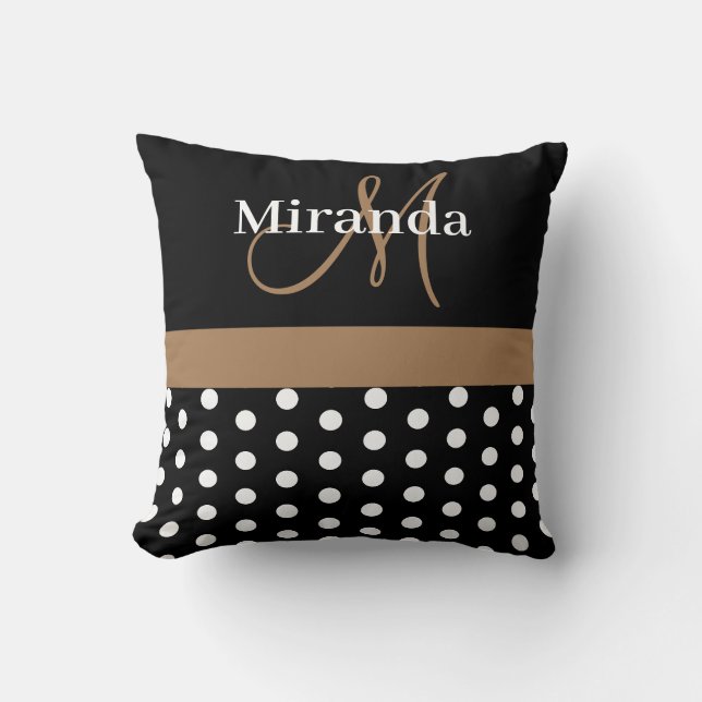 Coussin Monogramme noir blanc marron Écriture Points polka (Recto)