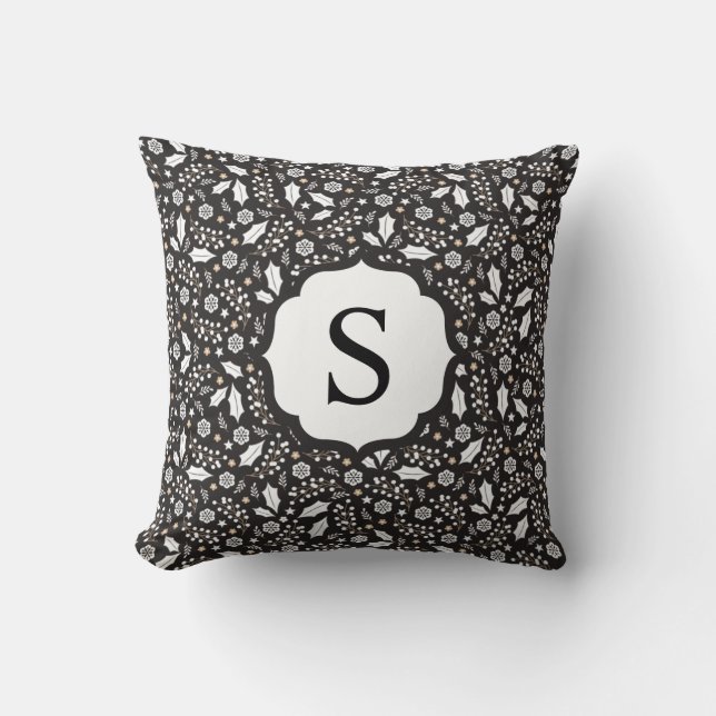 Coussin Monogramme Noir Blanc Noël Motif Floral (Recto)
