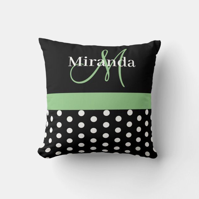 Coussin Monogramme noir blanc vert écriture points polka (Recto)