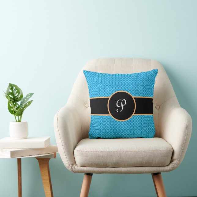 Coussin Monogramme noir bleu moderne Quatrefoil (Chaise)