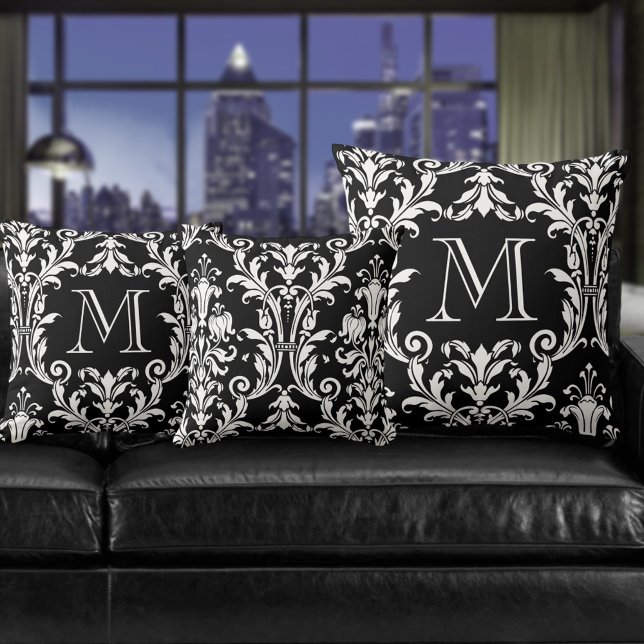 Coussin Monogramme noir et blanc Damas floral (Créateur téléchargé)