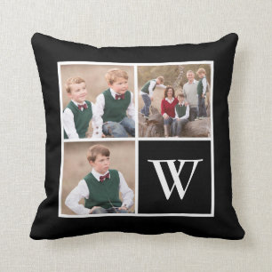 Coussin Monogramme noir et blanc de famille de collage de