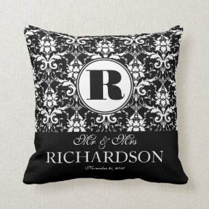 Coussin Monogramme noir et blanc sophistiqué de damassé