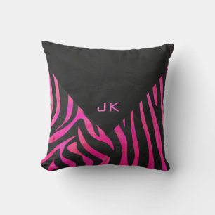 Coussin Monogramme noir et motif zèbre rose vif