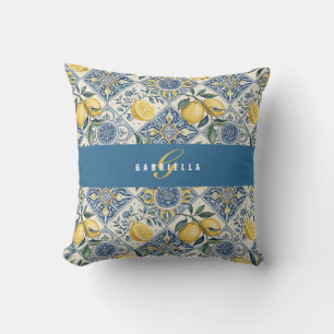 Coussin Monogramme Nom Citron Aquarelle Bleu Jaune