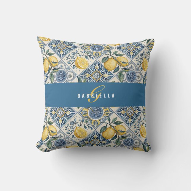 Coussin Monogramme Nom Citron Aquarelle Bleu Jaune (Recto)