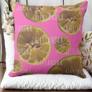 Coussin Monogramme nom citron tranches chaud rose jaune gi