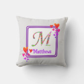 Coussin Monogramme Nom de Famille Couleur Violette Cœurs I (Recto)