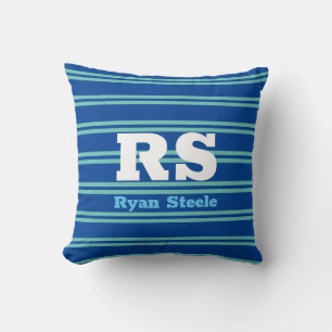 Coussin Monogramme & nom en gras, Lt Lignes Turquoises sur