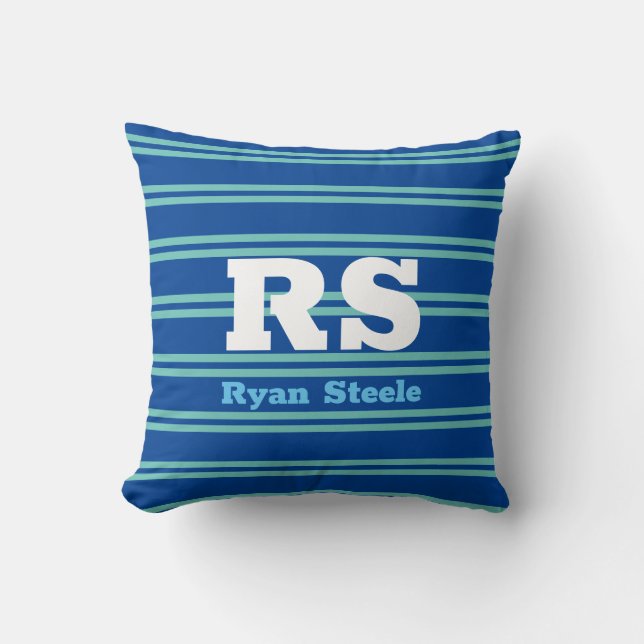 Coussin Monogramme & nom en gras, Lt Lignes Turquoises sur (Recto)