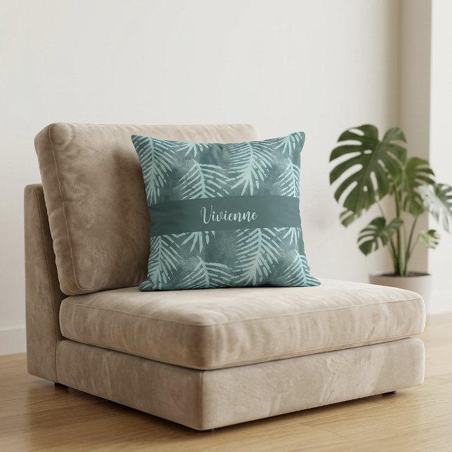 Coussin Monogramme Nom Feuille Tropicale Aquarelle Bohème  (Teal Boho Watercolor Tropical Leaf Monogram Name Throw Pillow)