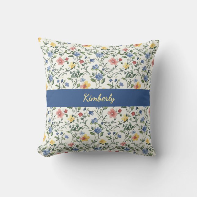 Coussin Monogramme Nom Fleur Sauvage Aquarelle Jaune Bleu (Recto)