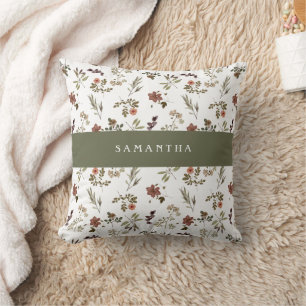 Coussin Monogramme Nom Fleur Sauvage Bourgogne Vert