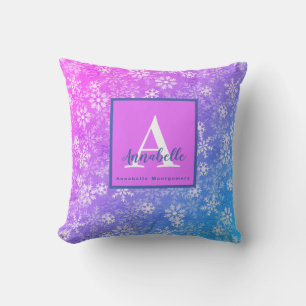 Coussin Monogramme/Nom Flocon de Neige Coloré Rose Violet