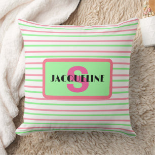 Coussin Monogramme Nom Géométrique Rayures Rose Vert Blanc