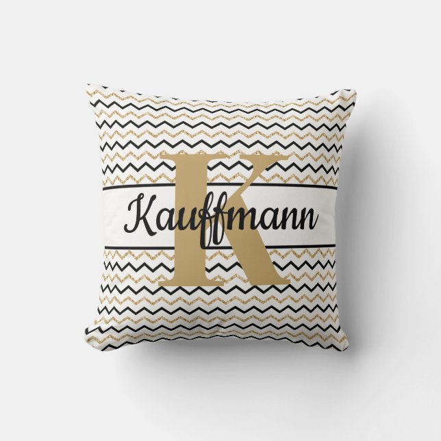 Coussin Monogramme Nom Initial Noir Blanc Or Chevron Zig (Recto)