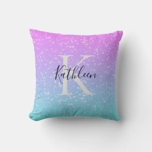 Coussin Monogramme Nom initial Pink Blue Sparkle Girl