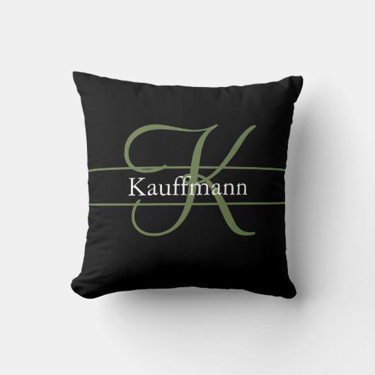 Coussin Monogramme Nom Initiale Écriture Noir Vert Blanc  (Recto)