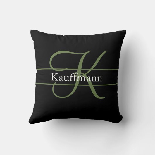 Coussin Monogramme Nom Initiale Script Noir Vert Blanc  (Verso)